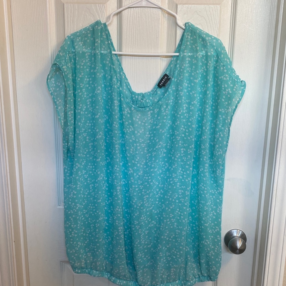 torrid Aqua Floral Scoop-Neck Cap-Sleeve Blouse